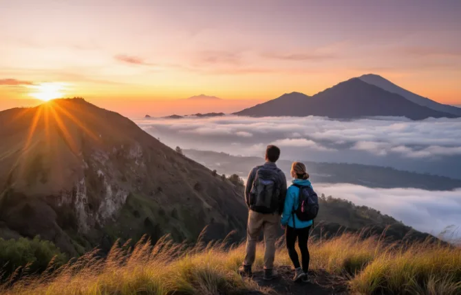 Couple enjoying Mount Batur summit sunrise view